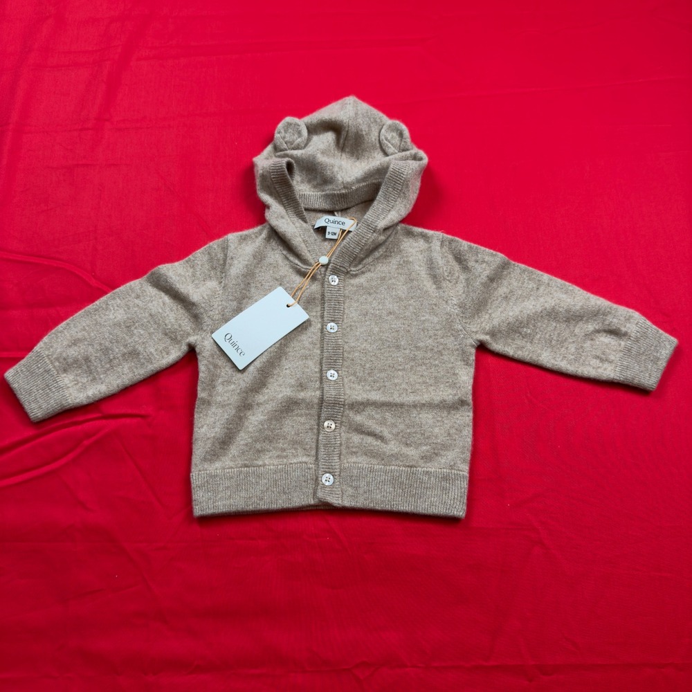 Quince Baby Washable Cashmere Hooded Bear Ear Cardigan Oatmeal 9-12M LB31331 NWT